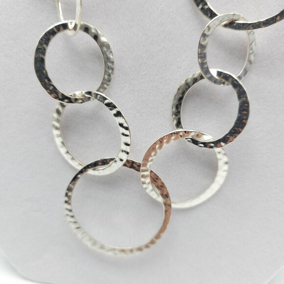 Hammered Silver-Tone Circle Link Necklace Adjustable 26"-28" Chain For Women - Picture 3 of 5